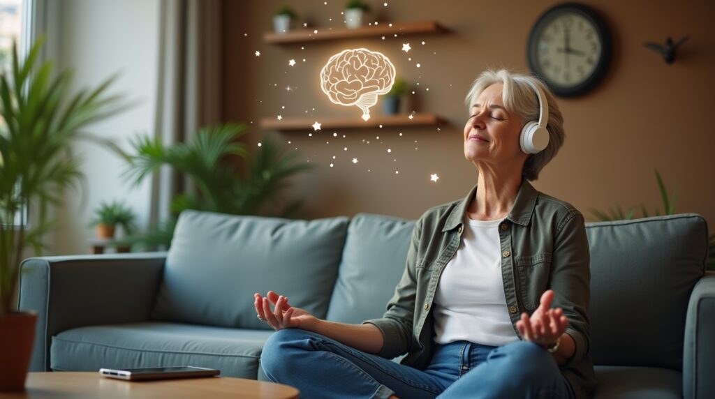 A woman practicing guided meditation with headphones, symbolizing anxiety relief and improved mental health.