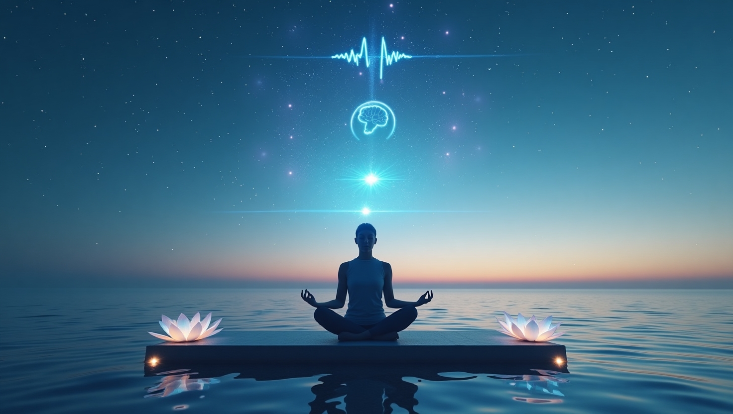 Person meditating with glowing lights and holographic symbols, symbolizing mindfulness for anxiety relief.