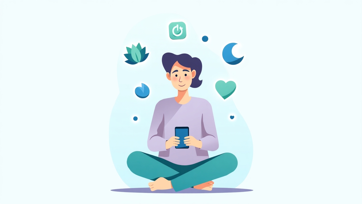 Best apps for anxiety management illustration showing a calm person with smartphone and relaxing icons for stress relief and mindfulness.