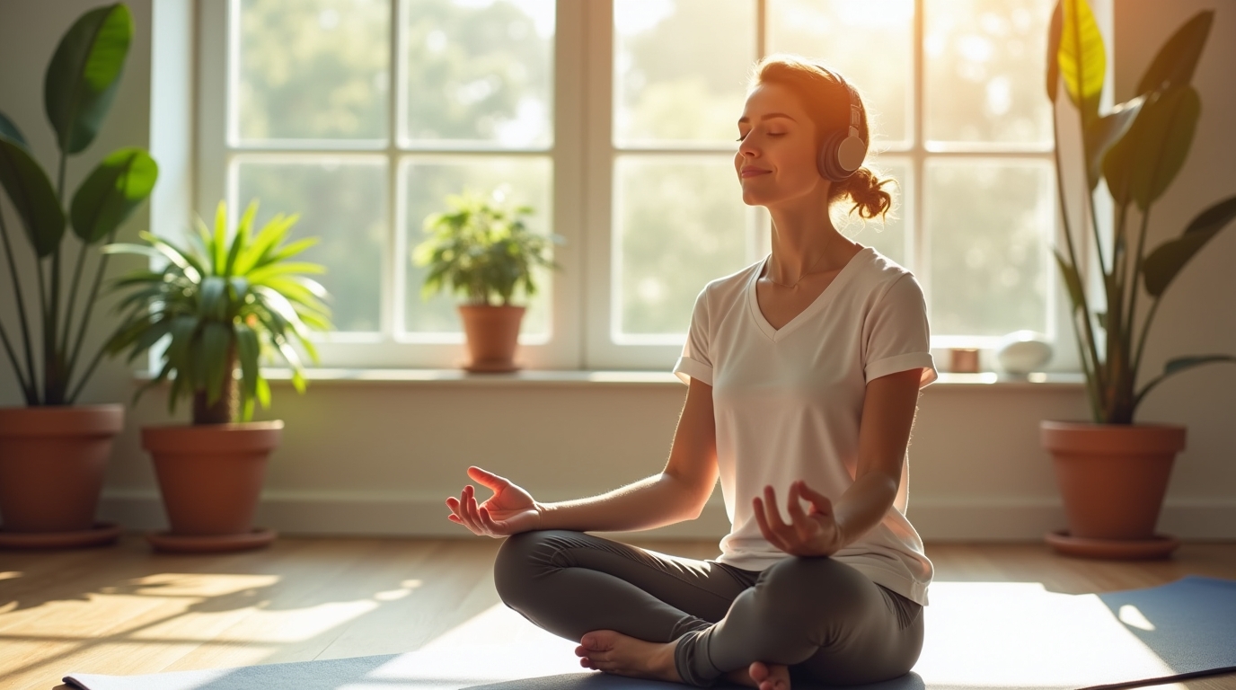 A young woman practicing guided meditation for anxiety support, sitting cross-legged with headphones in a calm, sunlit room.