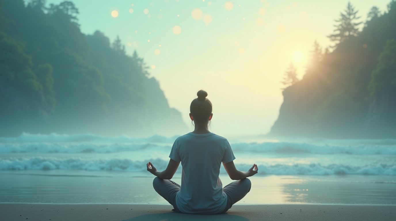 A women meditating peacefully in nature with soft sunlight and calm scenery, symbolizing guided imagery for anxiety relief.